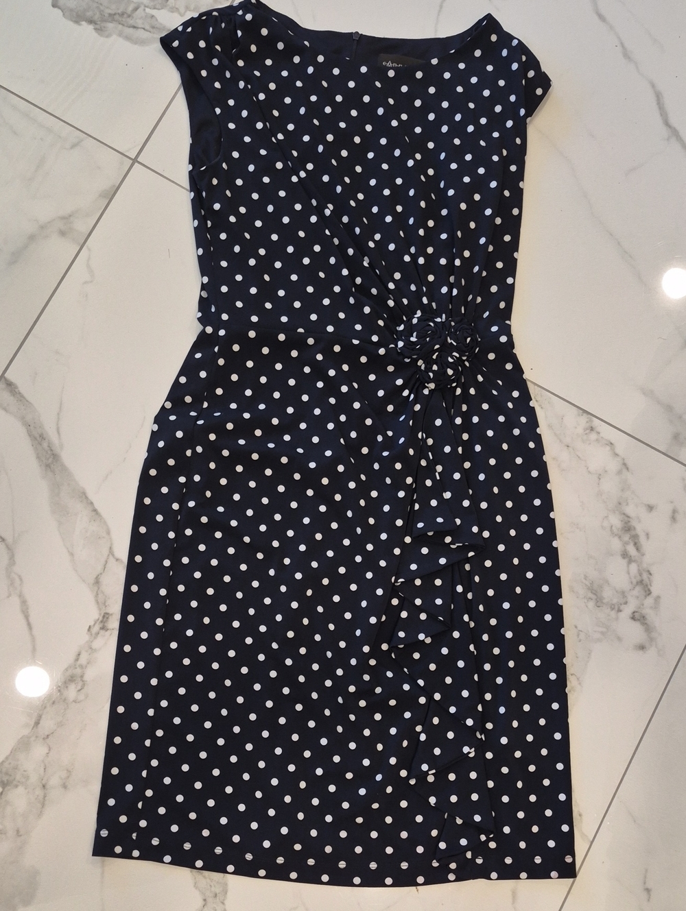 connected apparel Navy and White Polka Dot Midi Dress Nwot